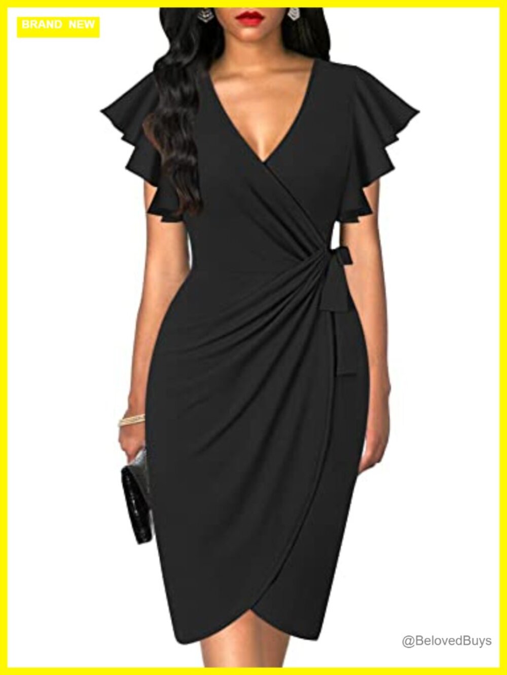 Womens Faux Wrap Dress Deep V Neck Ruffle Sleeves Cocktail Work Business Casual